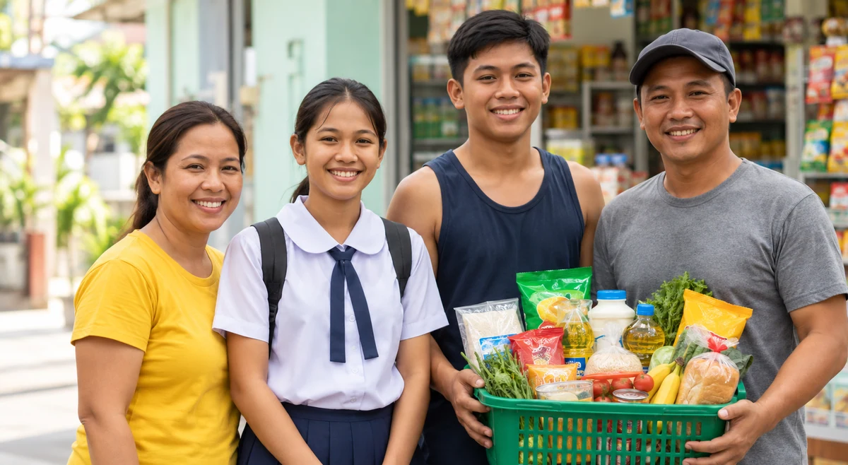 Smiling Filipino family and student holding a grocery basket outside a neighborhood shop