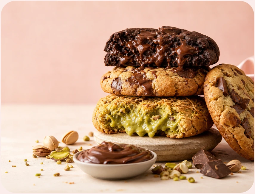 Cookie Kawaii chocolate chip, double chocolate and pistachio cookies